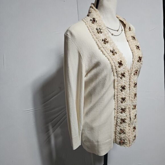 Boston Proper Cream Knit Embellished Cardigan With Beads, Size Med Eclectic Glam - Picture 3 of 13